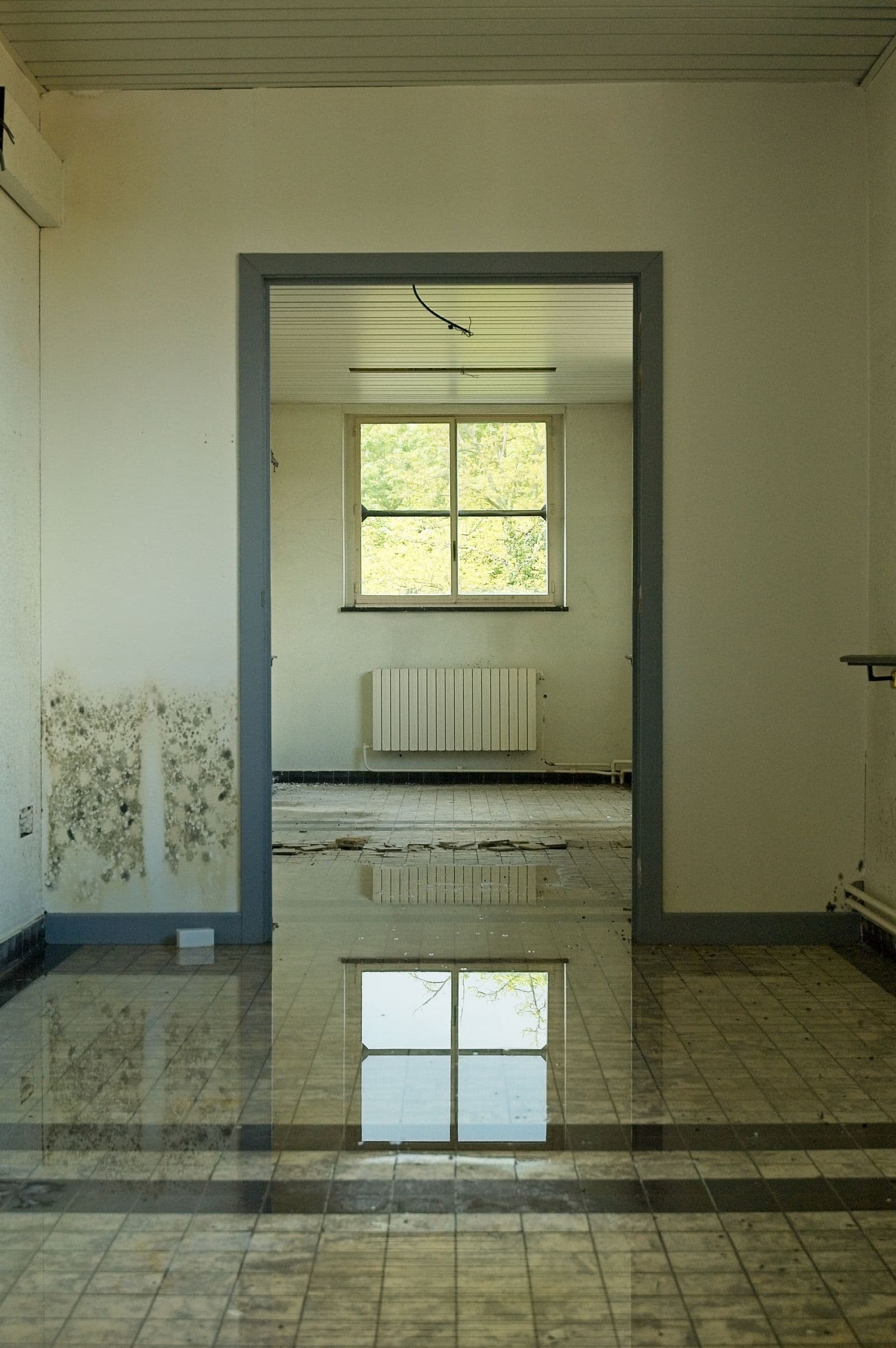 A dark, empty room with water covering the floor, reflecting the light from a window.