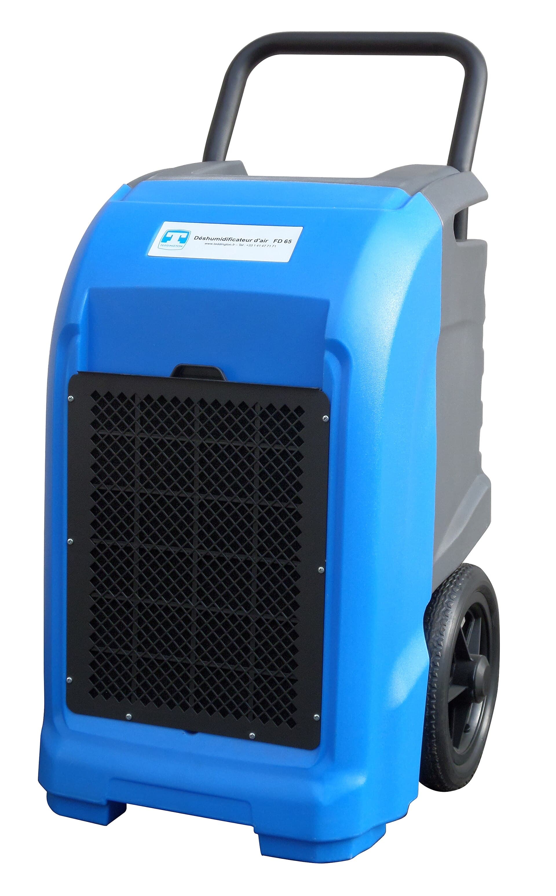 A professional site dehumidifier with a condensate pump attached, standing on a hard floor.