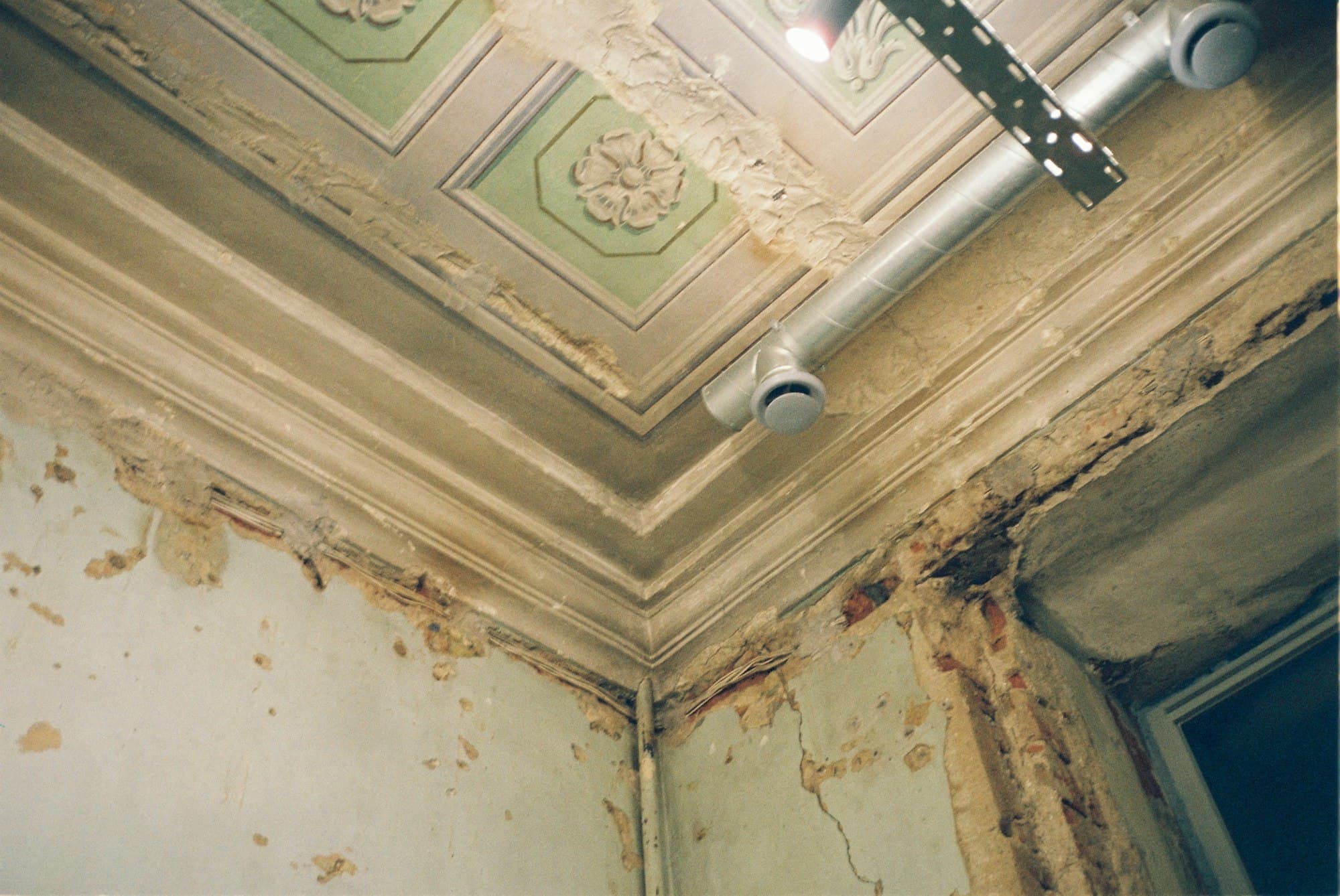 A ceiling with paint blistered and peeling away in sheets from sustained moisture.